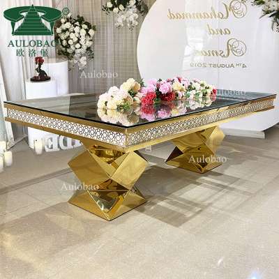 rectangle stainless steel frame mirror glass top led luxury wedding dining table