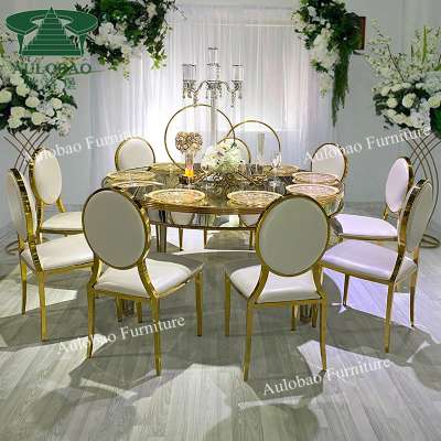 modern golden stainless steel frame mirror glass top round banquet wedding table