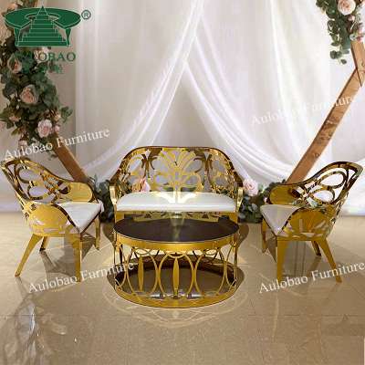 2020 new design gold stainless steel wedding throne sofa set bride and groom