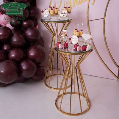 party rental gold stainless steel base glass top mini cake table for wedding