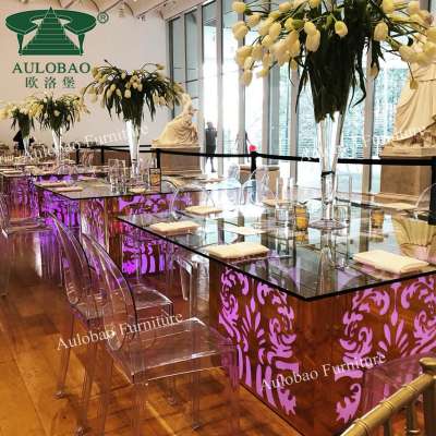 modern design custom stainless steel carve base led light glass top dining table