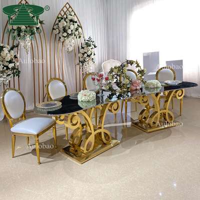 Luxury gold stainless steel base glass top bride and groom wedding tables and chairs sets